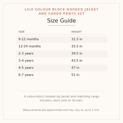 Lilo Colour Block Hooded Jacket and Cargo Pants Set size guide - age and height