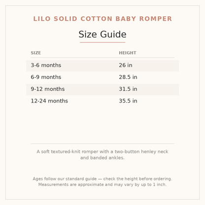 Lilo Solid Cotton Baby Romper size guide - age and height