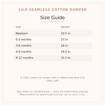 Lilo Seamless Cotton Romper size guide - age and height