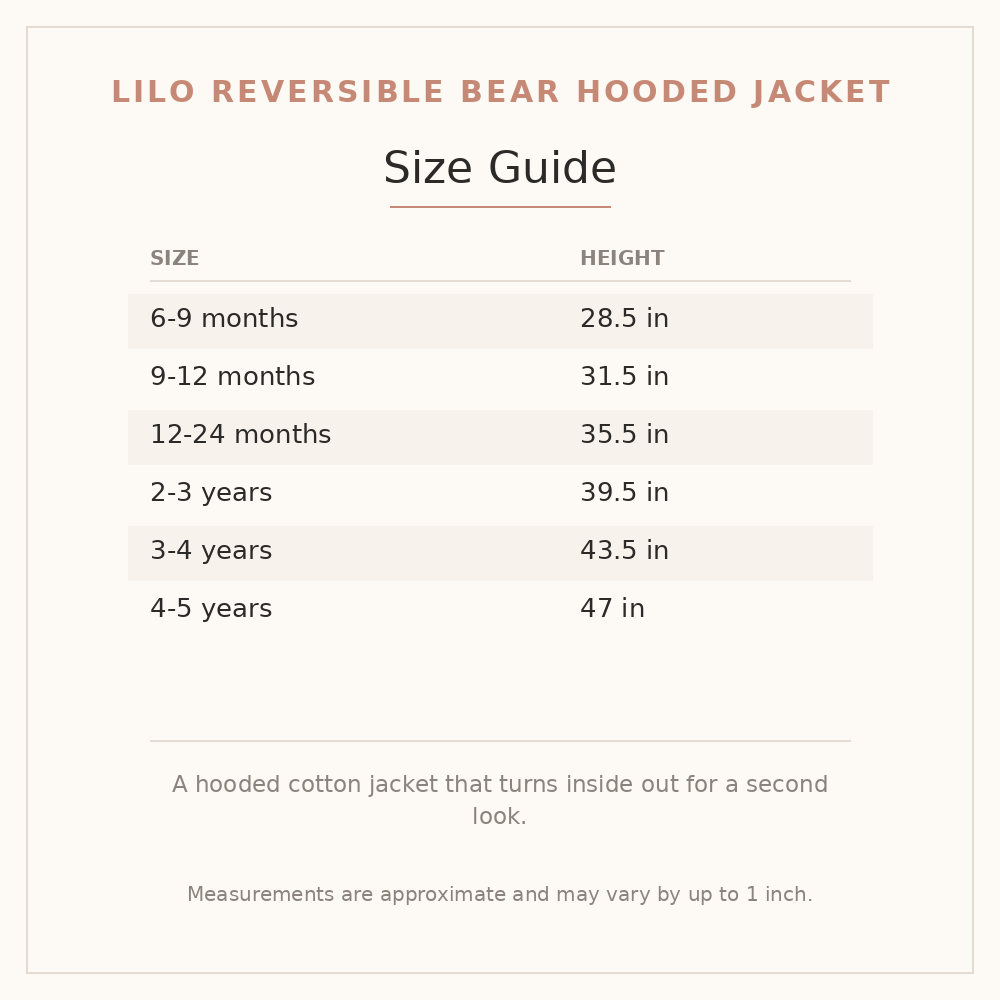 Lilo Reversible Bear Hooded Jacket size guide - age and height