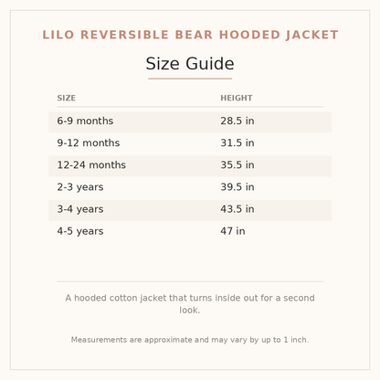 Lilo Reversible Bear Hooded Jacket size guide - age and height
