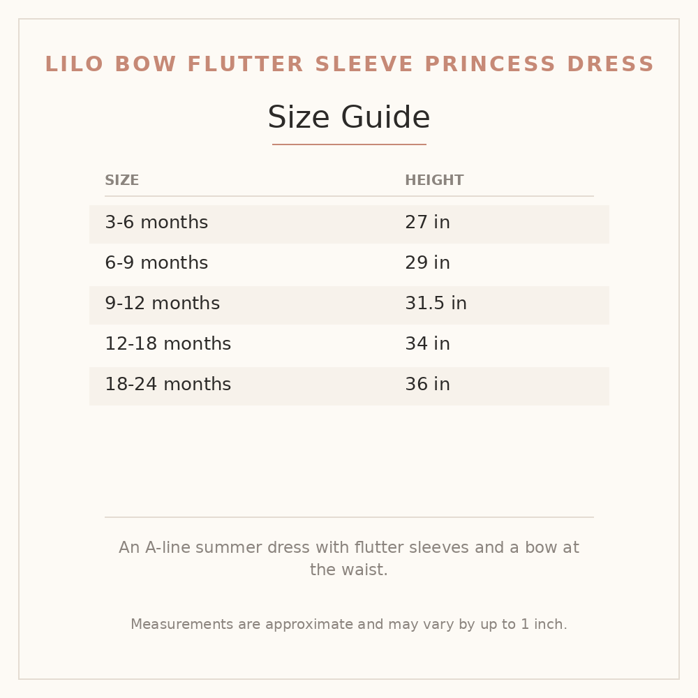 Lilo Bow Flutter Sleeve Princess Dress size guide - age and height