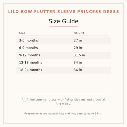 Lilo Bow Flutter Sleeve Princess Dress size guide - age and height