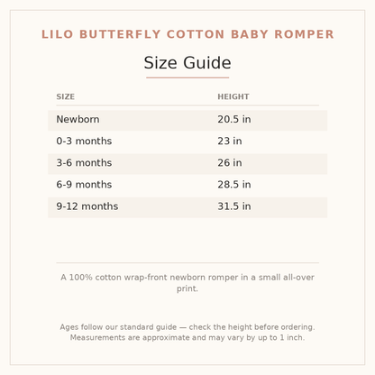 Lilo Butterfly Cotton Baby Romper size guide - age and height