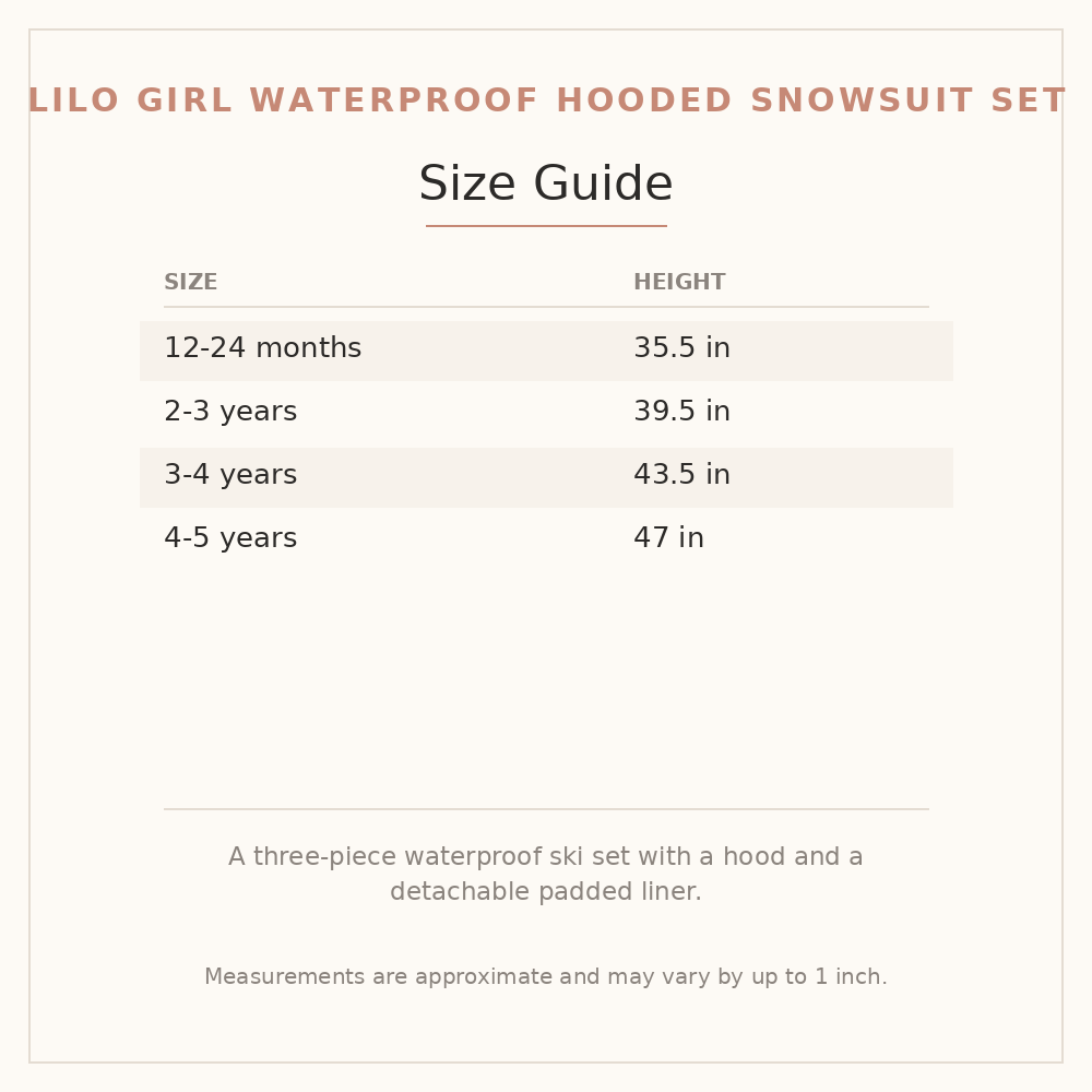 Lilo Girl Waterproof Hooded Snowsuit Set size guide - age and height