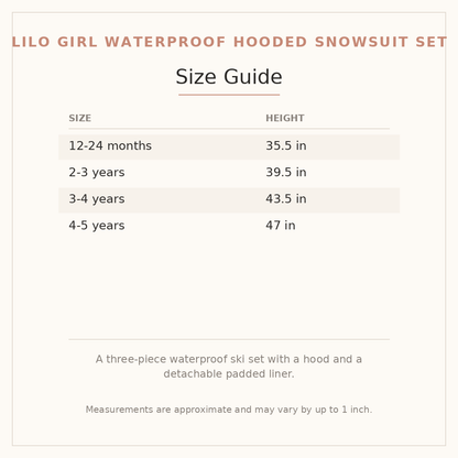 Lilo Girl Waterproof Hooded Snowsuit Set size guide - age and height