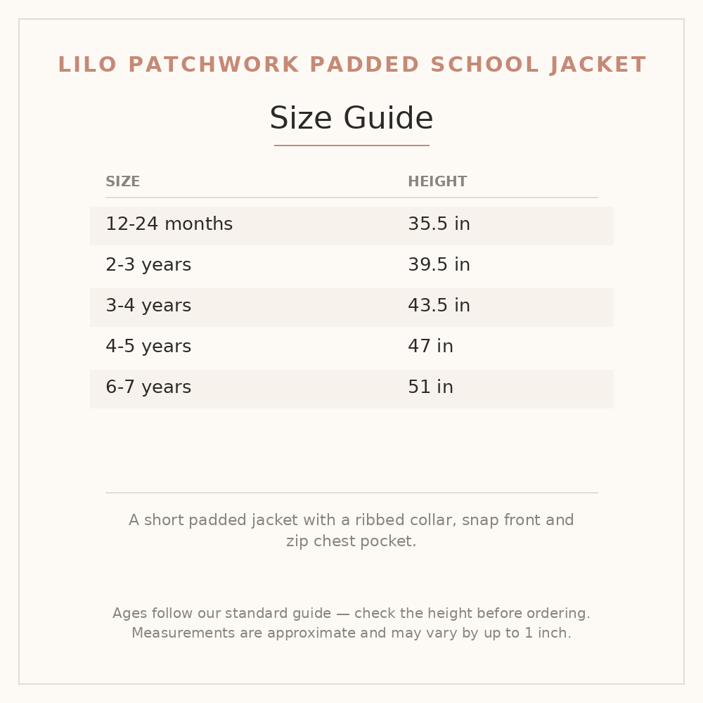 Lilo Patchwork Padded School Jacket size guide - age and height