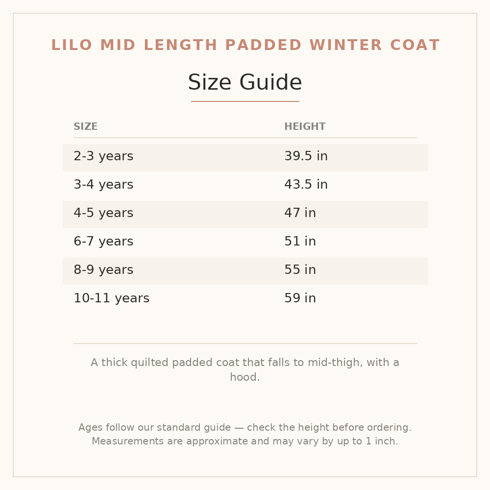 Lilo Mid Length Padded Winter Coat size guide - age and height