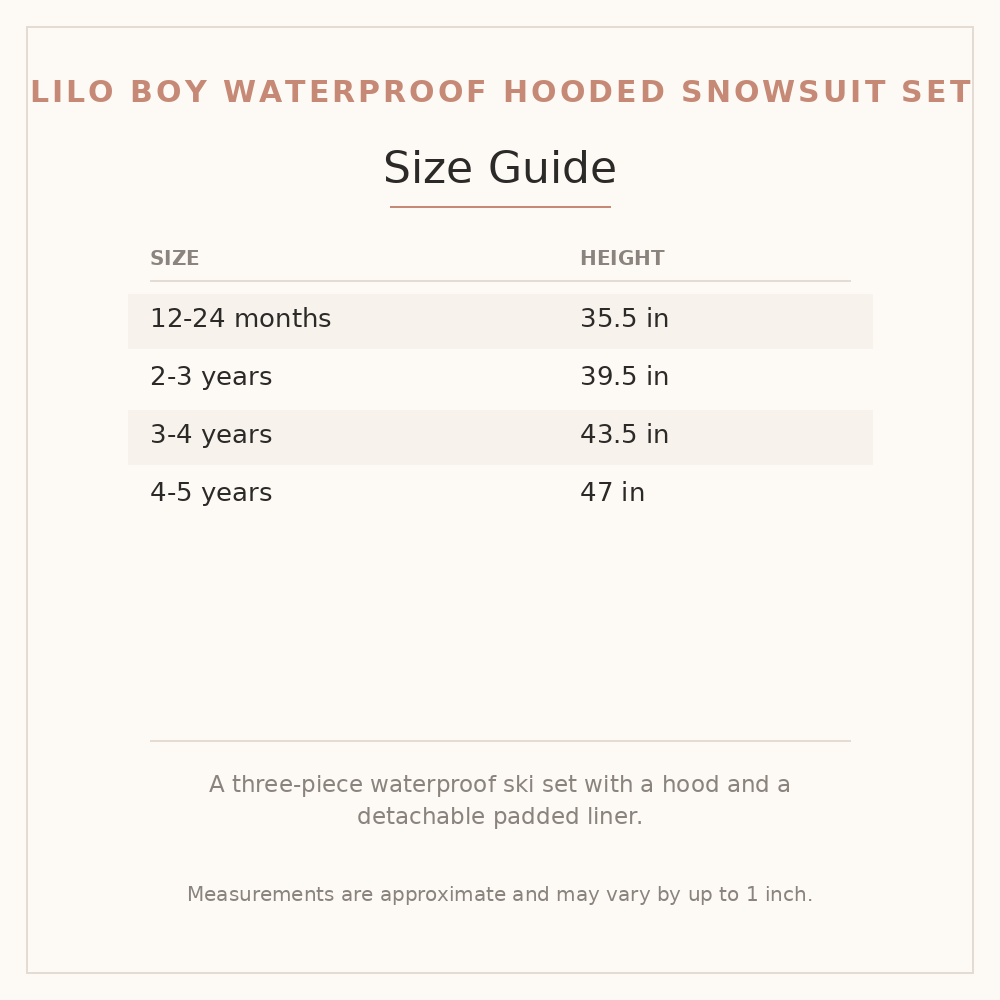 Lilo Boy Waterproof Hooded Snowsuit Set size guide - age and height