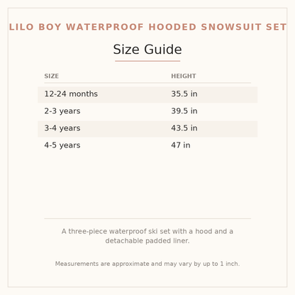 Lilo Boy Waterproof Hooded Snowsuit Set size guide - age and height