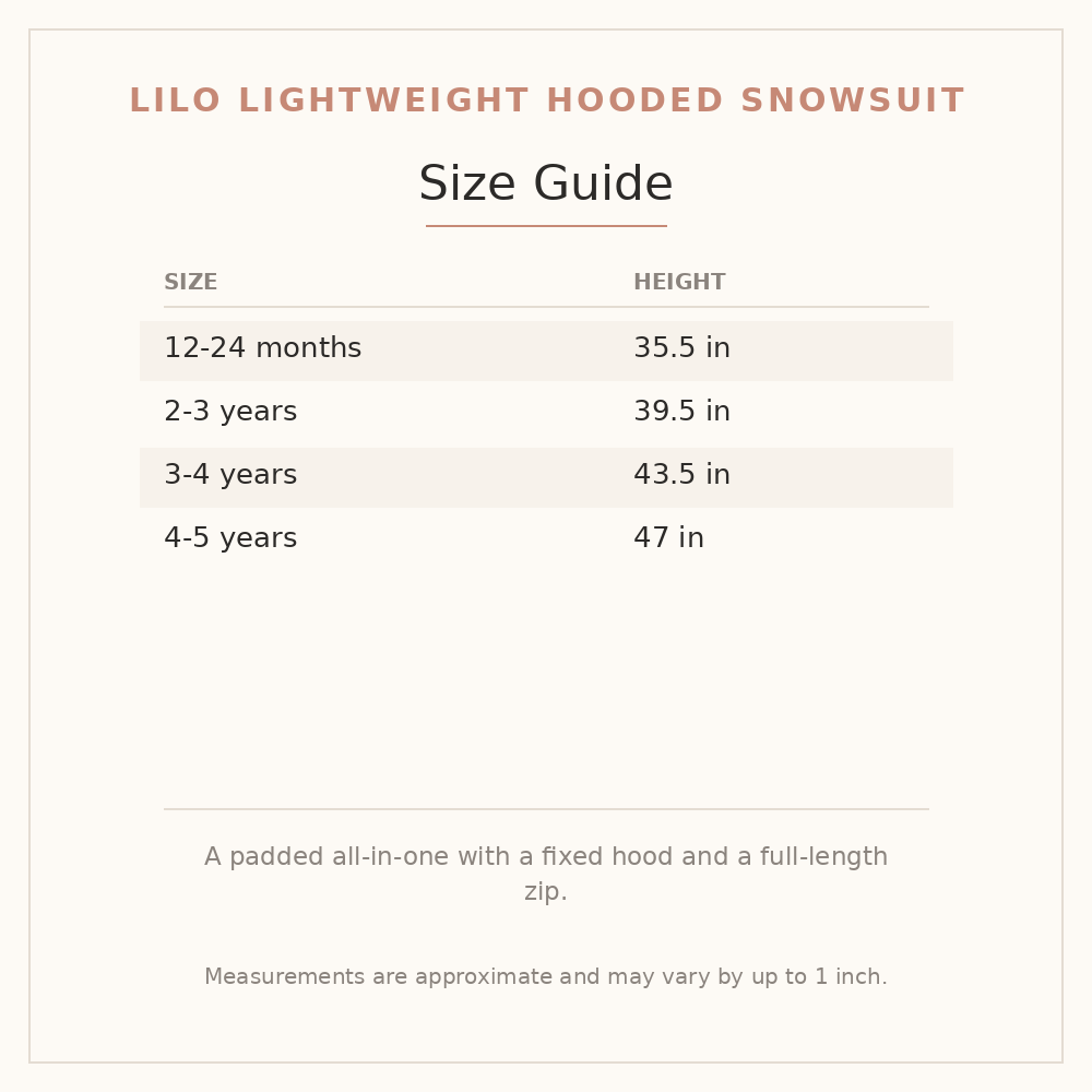 Lilo Lightweight Hooded Snowsuit size guide - age and height