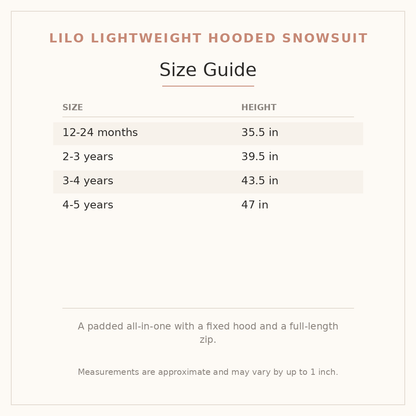 Lilo Lightweight Hooded Snowsuit size guide - age and height