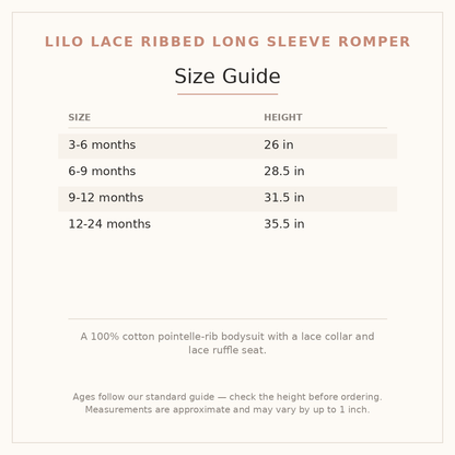 Lilo Lace Ribbed Long Sleeve Romper size guide - age and height