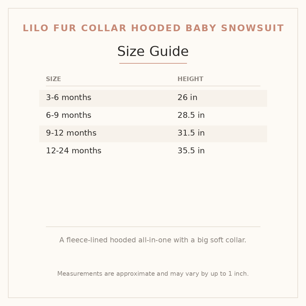 Lilo Fur Collar Hooded Baby Snowsuit size guide - age and height