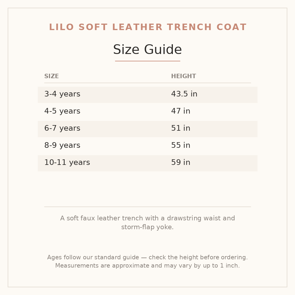 Lilo Soft Leather Trench Coat size guide - age and height