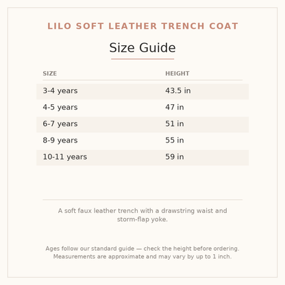 Lilo Soft Leather Trench Coat size guide - age and height