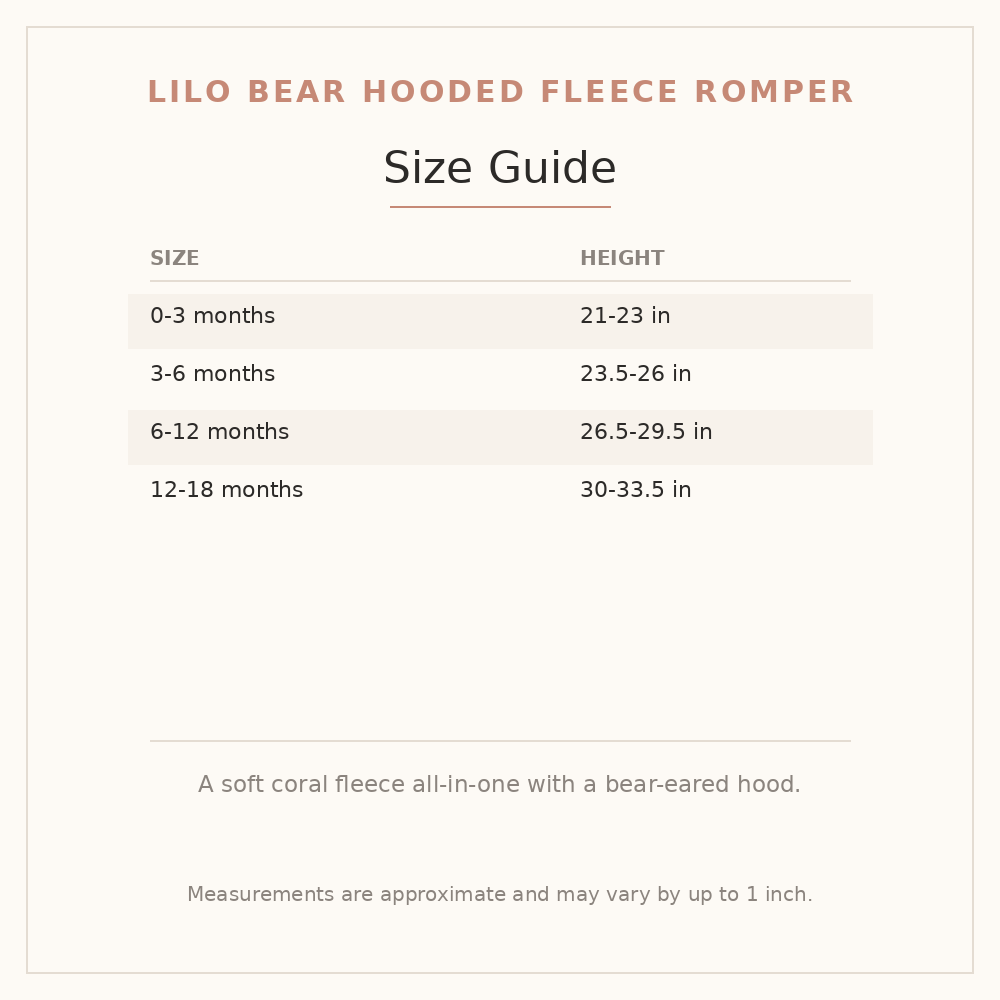 Lilo Bear Hooded Fleece Romper size guide - age and height
