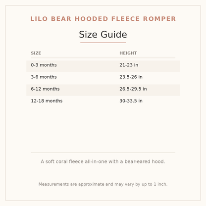 Lilo Bear Hooded Fleece Romper size guide - age and height