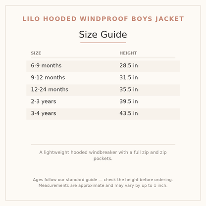 Lilo Hooded Windproof Boys Jacket size guide - age and height