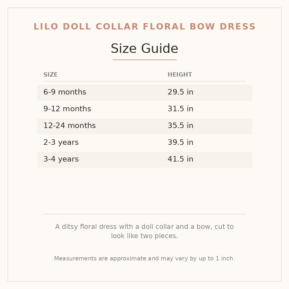 Lilo Doll Collar Floral Bow Dress size guide - age and height