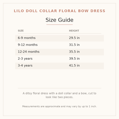 Lilo Doll Collar Floral Bow Dress size guide - age and height