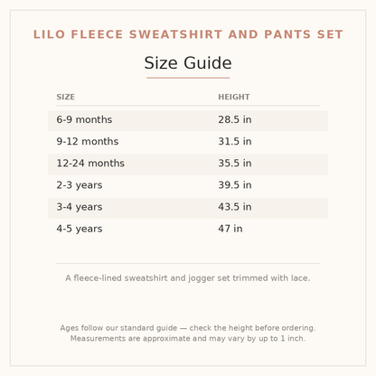 Lilo Fleece Sweatshirt and Pants Set size guide - age and height