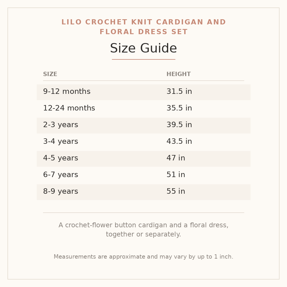 Lilo Crochet Knit Cardigan and Floral Dress Set size guide - age and height