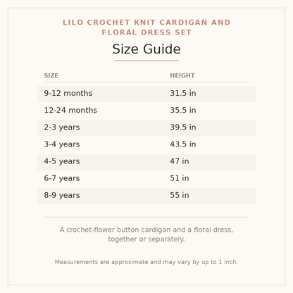 Lilo Crochet Knit Cardigan and Floral Dress Set size guide - age and height