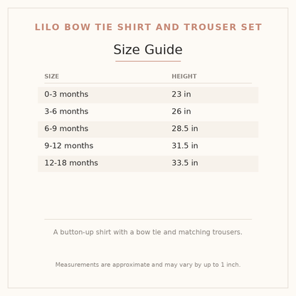 Lilo Bow Tie Shirt and Trouser Set size guide - age and height