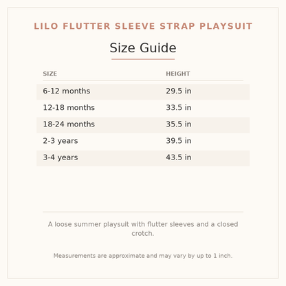 Lilo Flutter Sleeve Strap Playsuit size guide - age and height