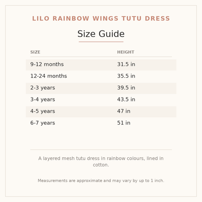 Lilo Rainbow Wings Tutu Dress size guide - age and height