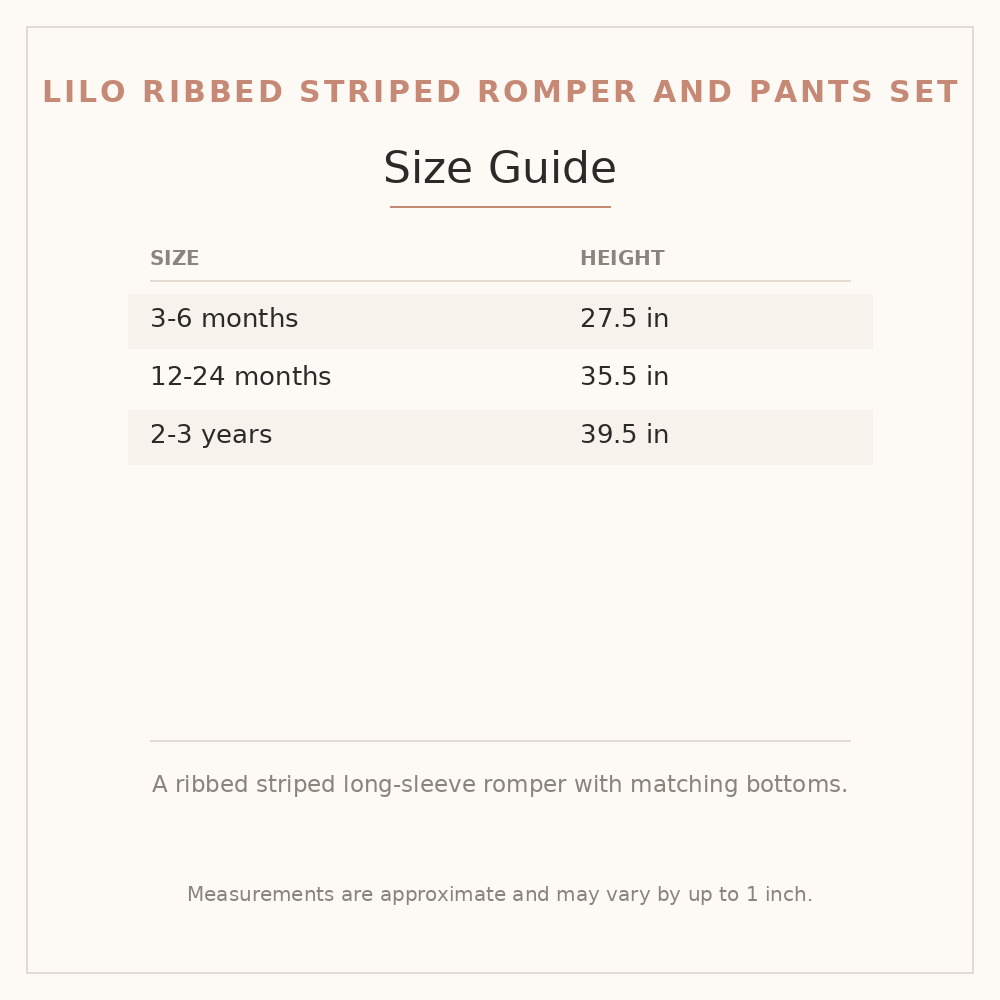 Lilo Ribbed Striped Romper and Pants Set size guide - age and height