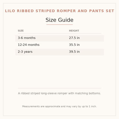 Lilo Ribbed Striped Romper and Pants Set size guide - age and height