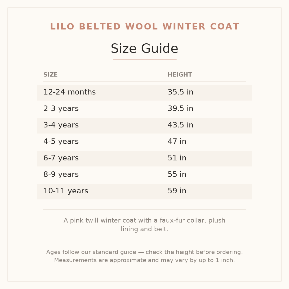 Lilo Belted Wool Winter Coat size guide - age and height