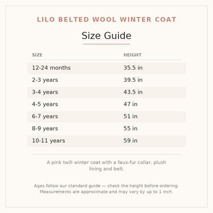 Lilo Belted Wool Winter Coat size guide - age and height
