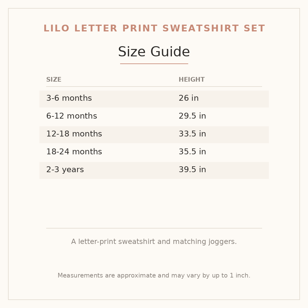 Lilo Letter Print Sweatshirt Set size guide - age and height