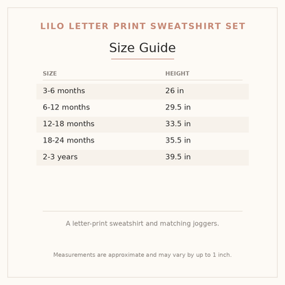 Lilo Letter Print Sweatshirt Set size guide - age and height