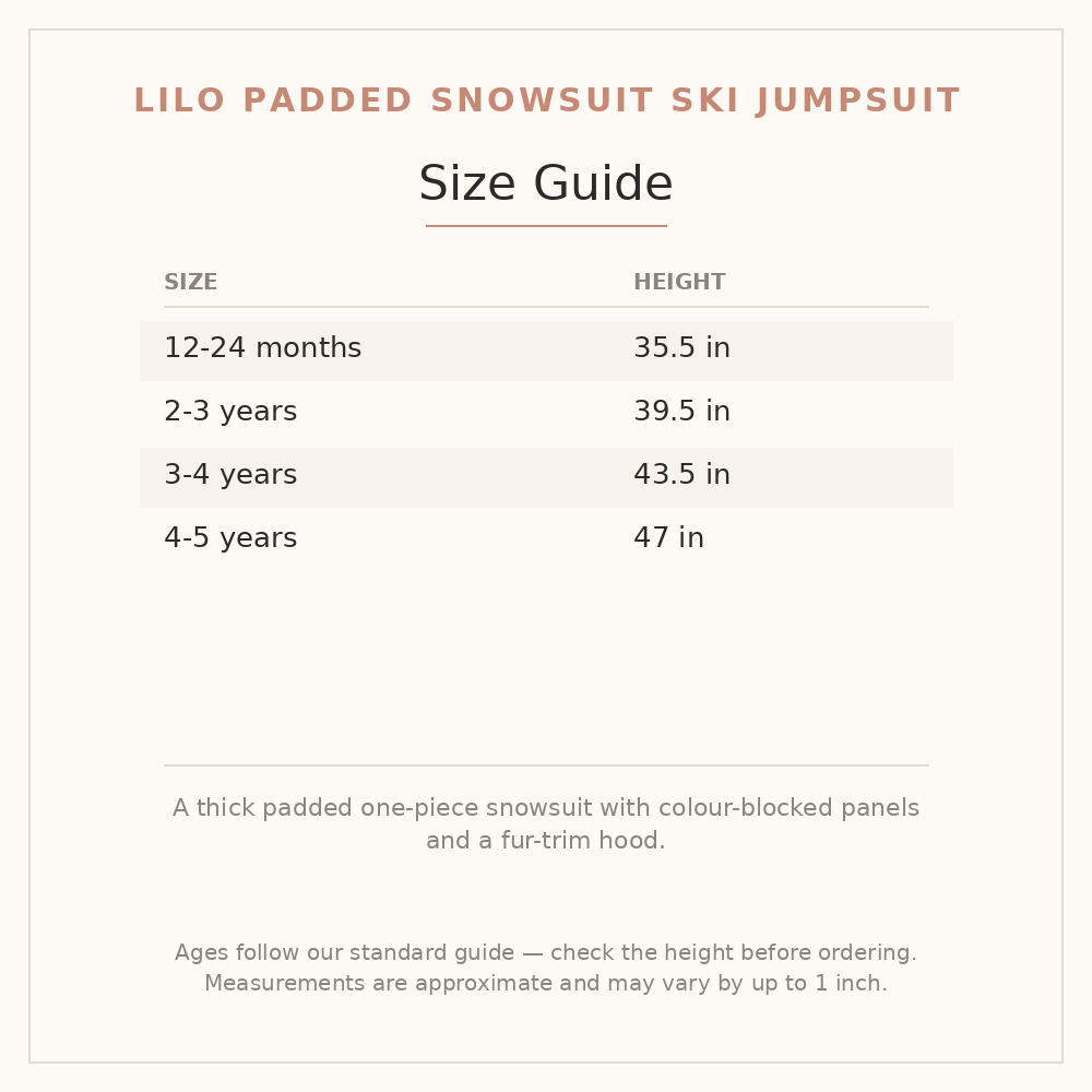 Lilo Padded Snowsuit Ski Jumpsuit size guide - age and height