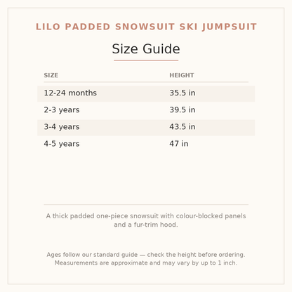 Lilo Padded Snowsuit Ski Jumpsuit size guide - age and height