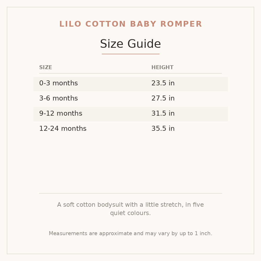 Lilo Cotton Baby Romper size guide - age and height