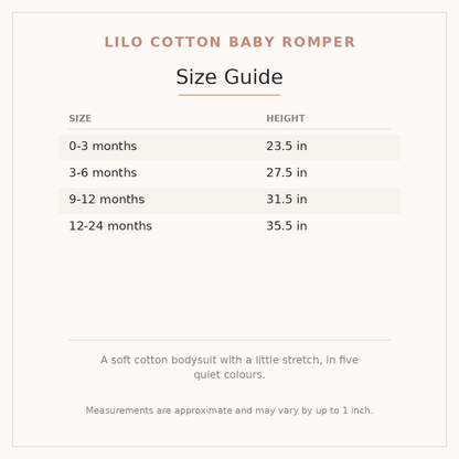 Lilo Cotton Baby Romper size guide - age and height