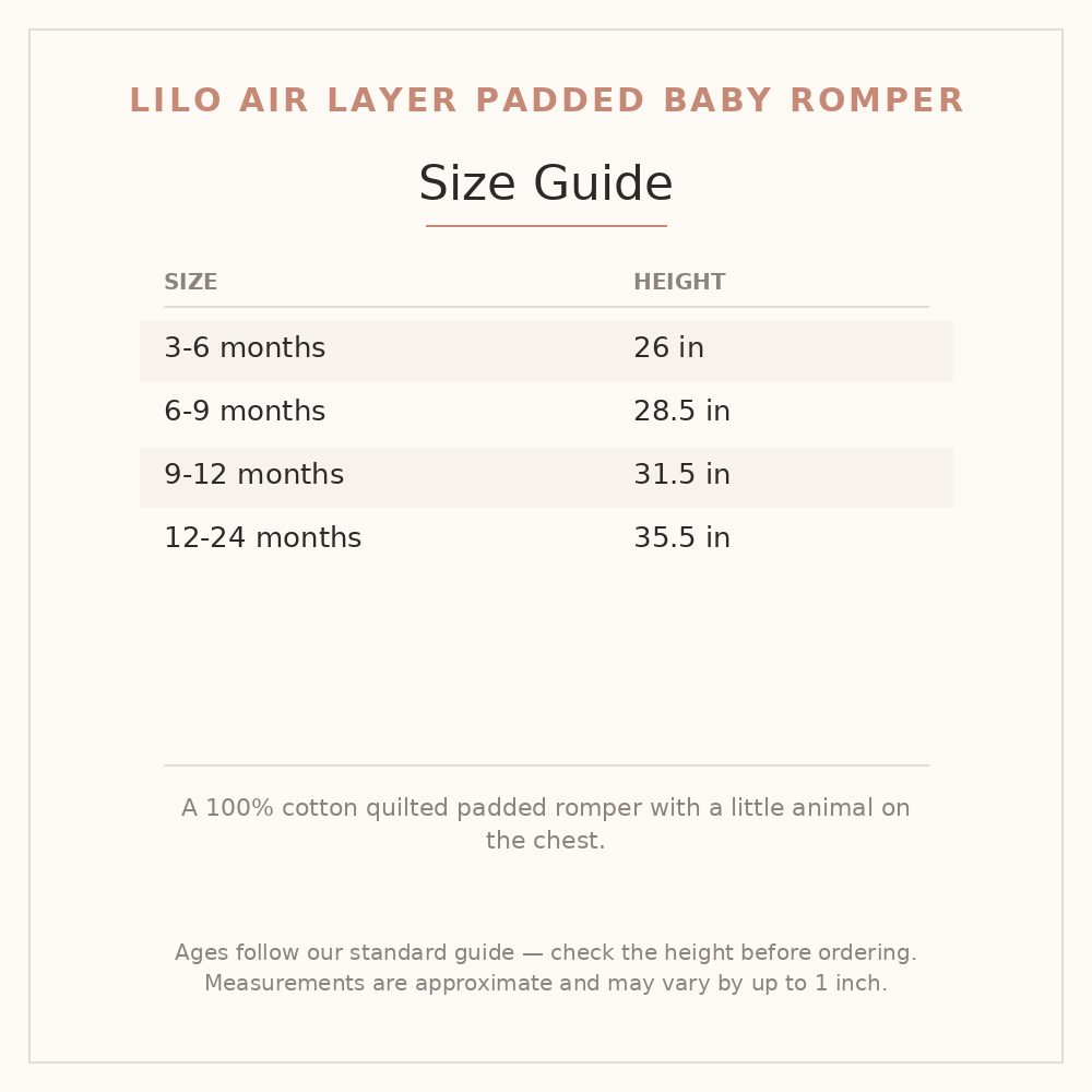 Lilo Air Layer Padded Baby Romper size guide - age and height