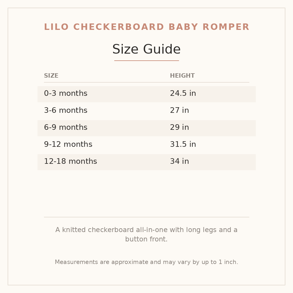 Lilo Checkerboard Baby Romper size guide - age and height