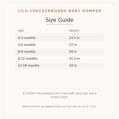Lilo Checkerboard Baby Romper size guide - age and height