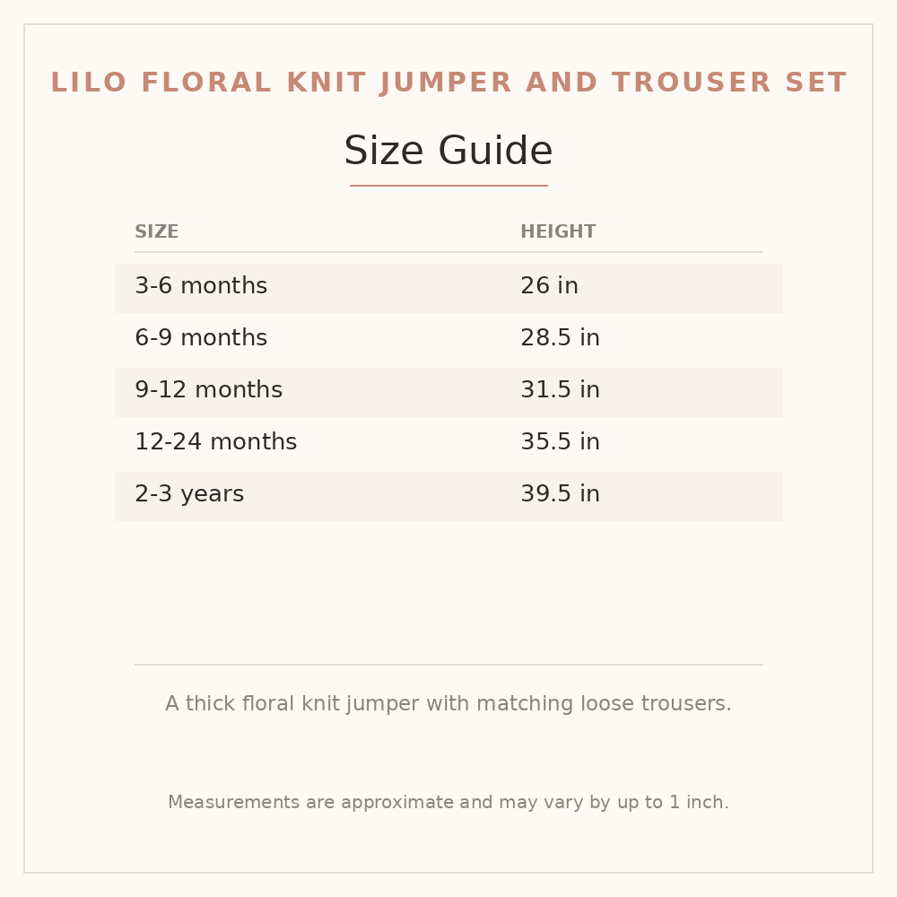Lilo Floral Knit Jumper and Trouser Set size guide - age and height