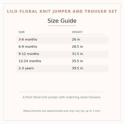 Lilo Floral Knit Jumper and Trouser Set size guide - age and height