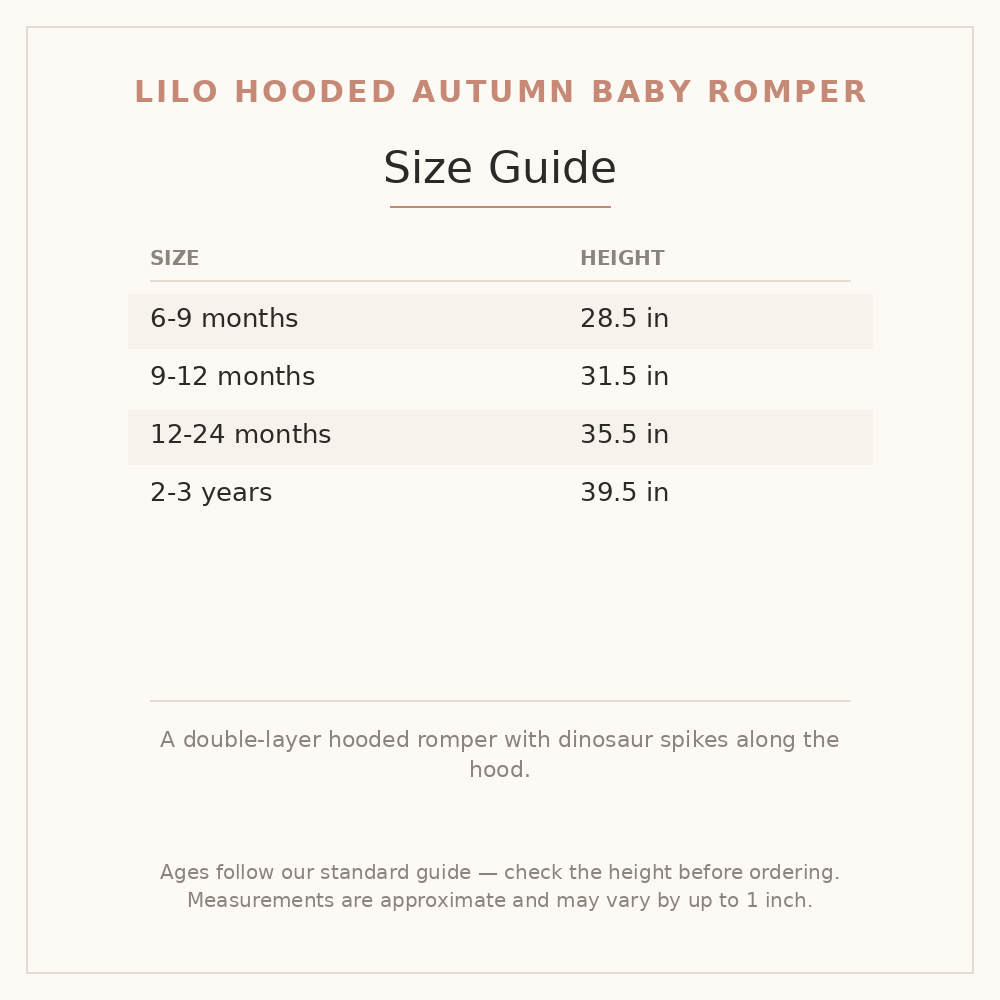 Lilo Hooded Autumn Baby Romper size guide - age and height