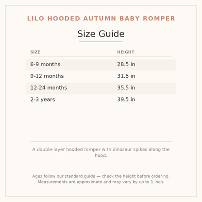 Lilo Hooded Autumn Baby Romper size guide - age and height