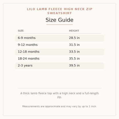 Lilo Lamb Fleece High Neck Zip Sweatshirt size guide - age and height