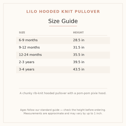 Lilo Hooded Knit Pullover size guide - age and height